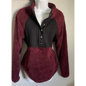 Maurices Womens Small Dark Red Faux Fur Jacket Snap Sherpa Pullover Sweater